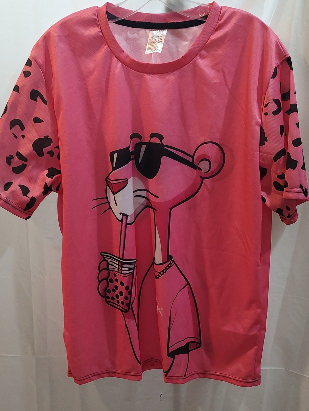 Women's Pink Graphic Tee with Panther Bubble Tea Illustration Size L